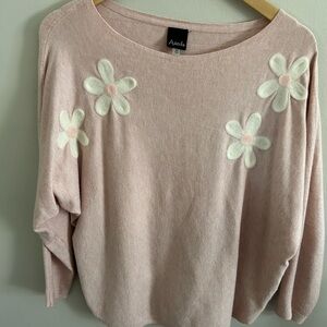 Pink and White Crew Neck Sweater with Floral Accents
